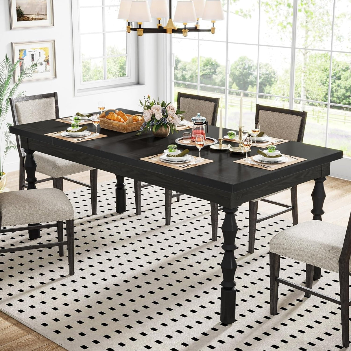62" Wood Farmhouse Dining Table for 4-6 People, Large Rectangle Kitchen Table