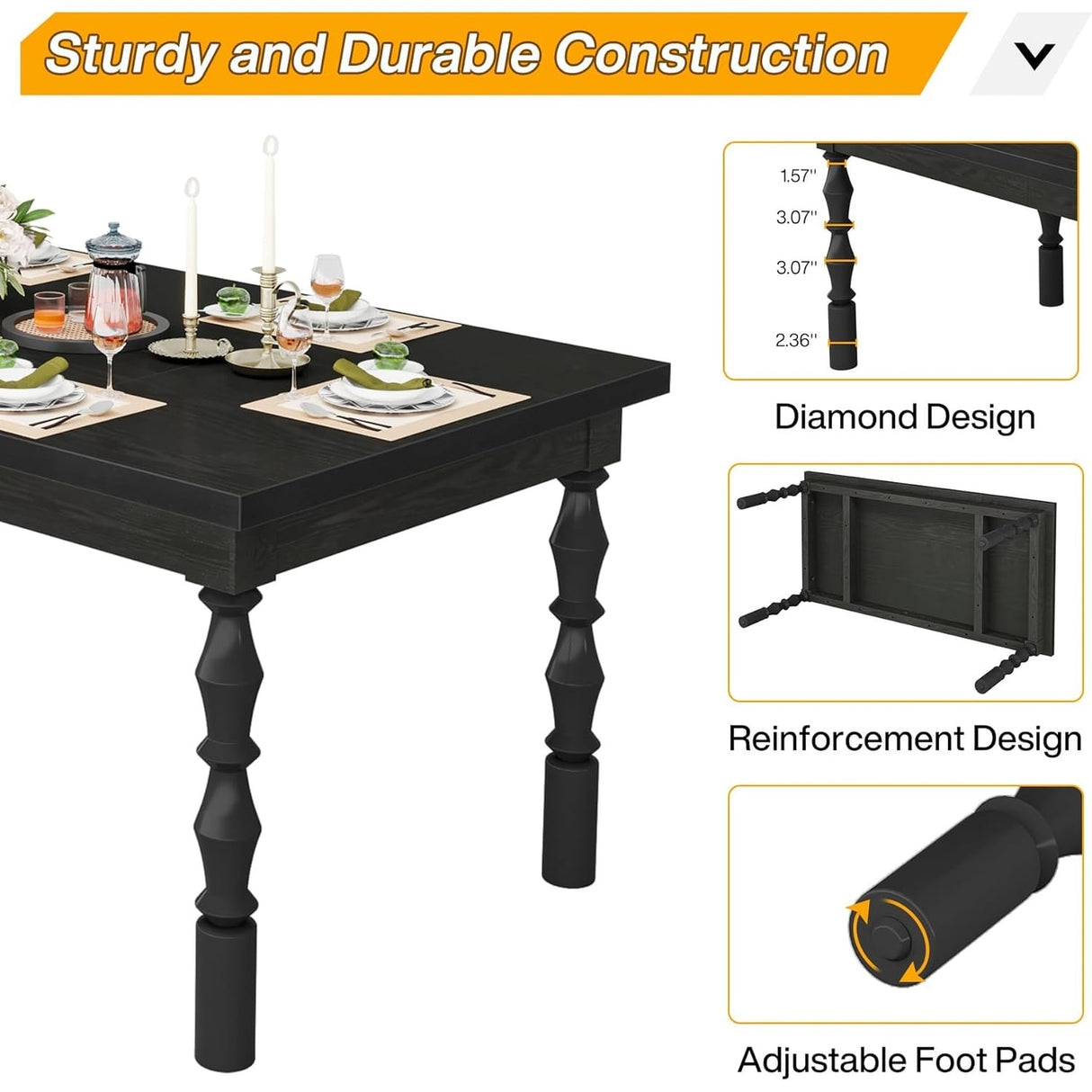 62" Wood Farmhouse Dining Table for 4-6 People, Large Rectangle Kitchen Table
