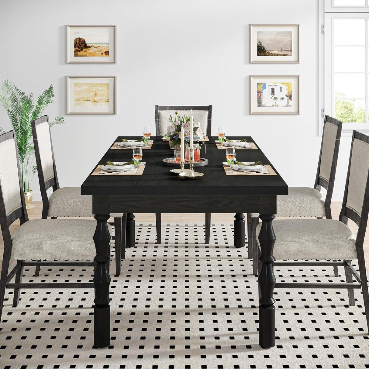 62" Wood Farmhouse Dining Table for 4-6 People, Large Rectangle Kitchen Table