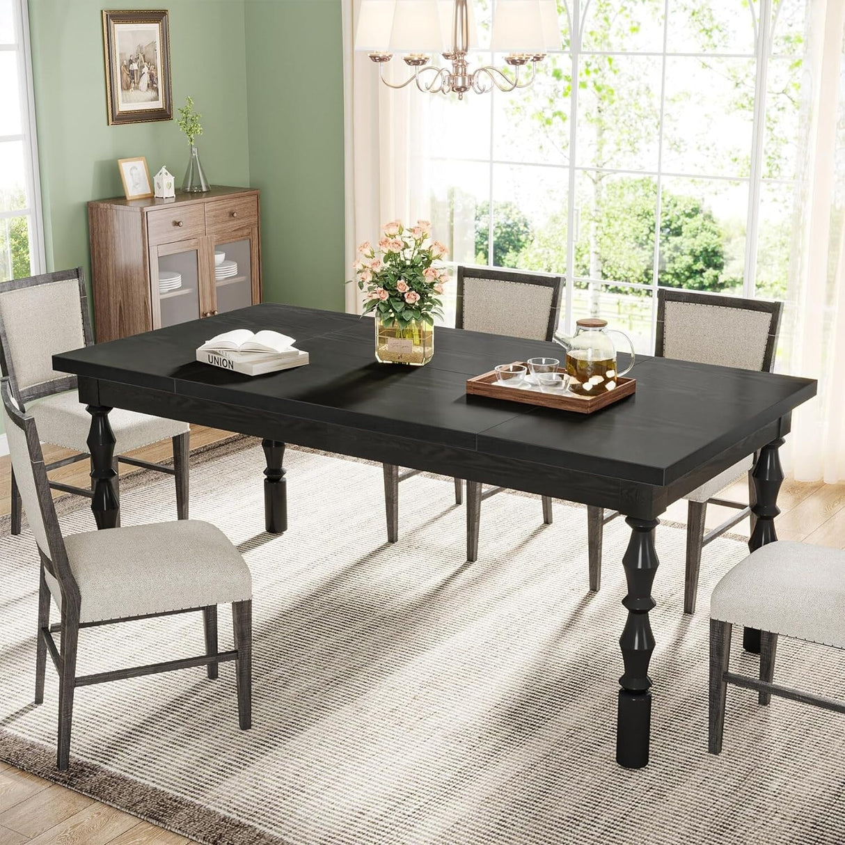 62" Wood Farmhouse Dining Table for 4-6 People, Large Rectangle Kitchen Table
