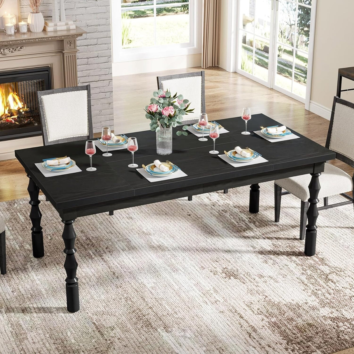 62" Wood Farmhouse Dining Table for 4-6 People, Large Rectangle Kitchen Table