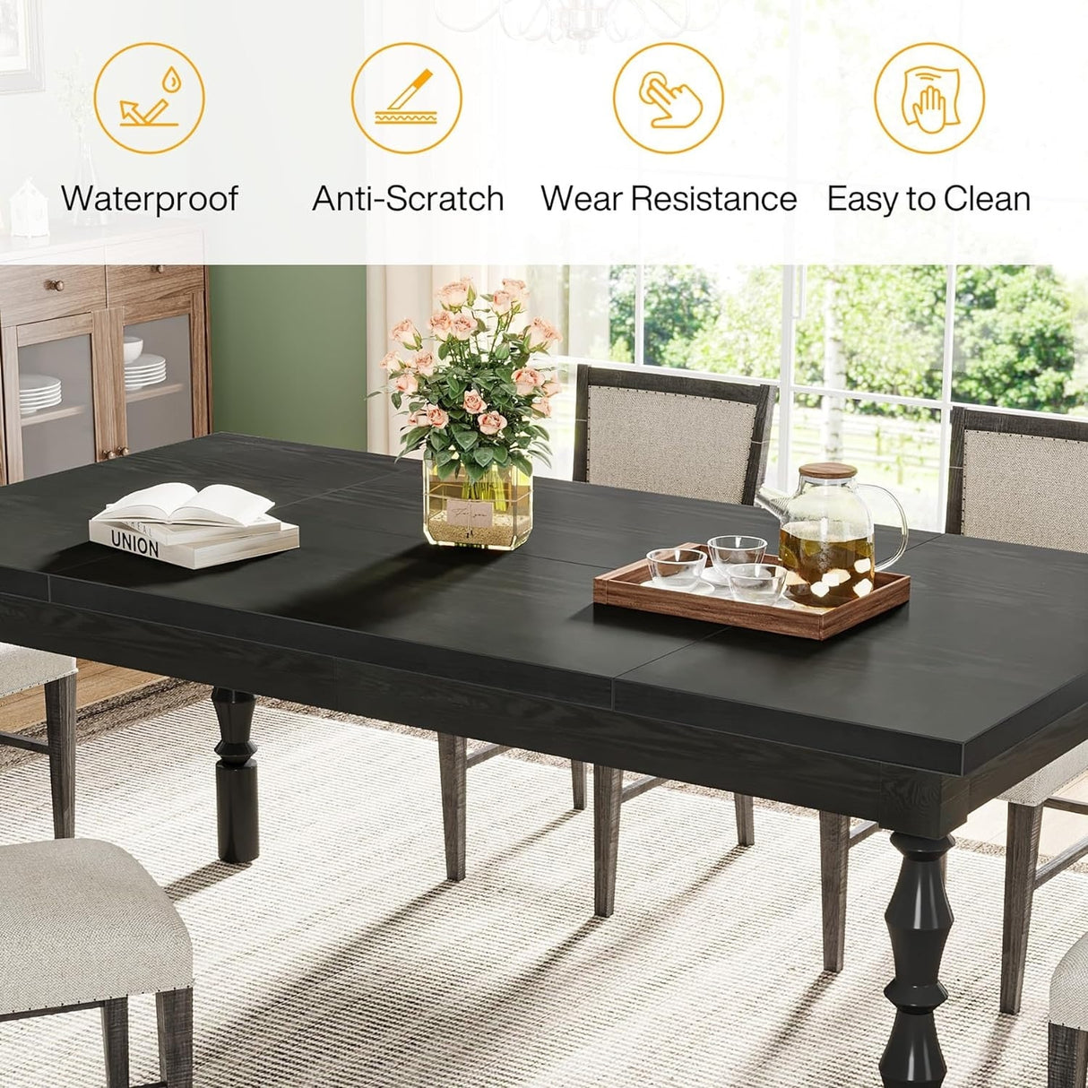 62" Wood Farmhouse Dining Table for 4-6 People, Large Rectangle Kitchen Table