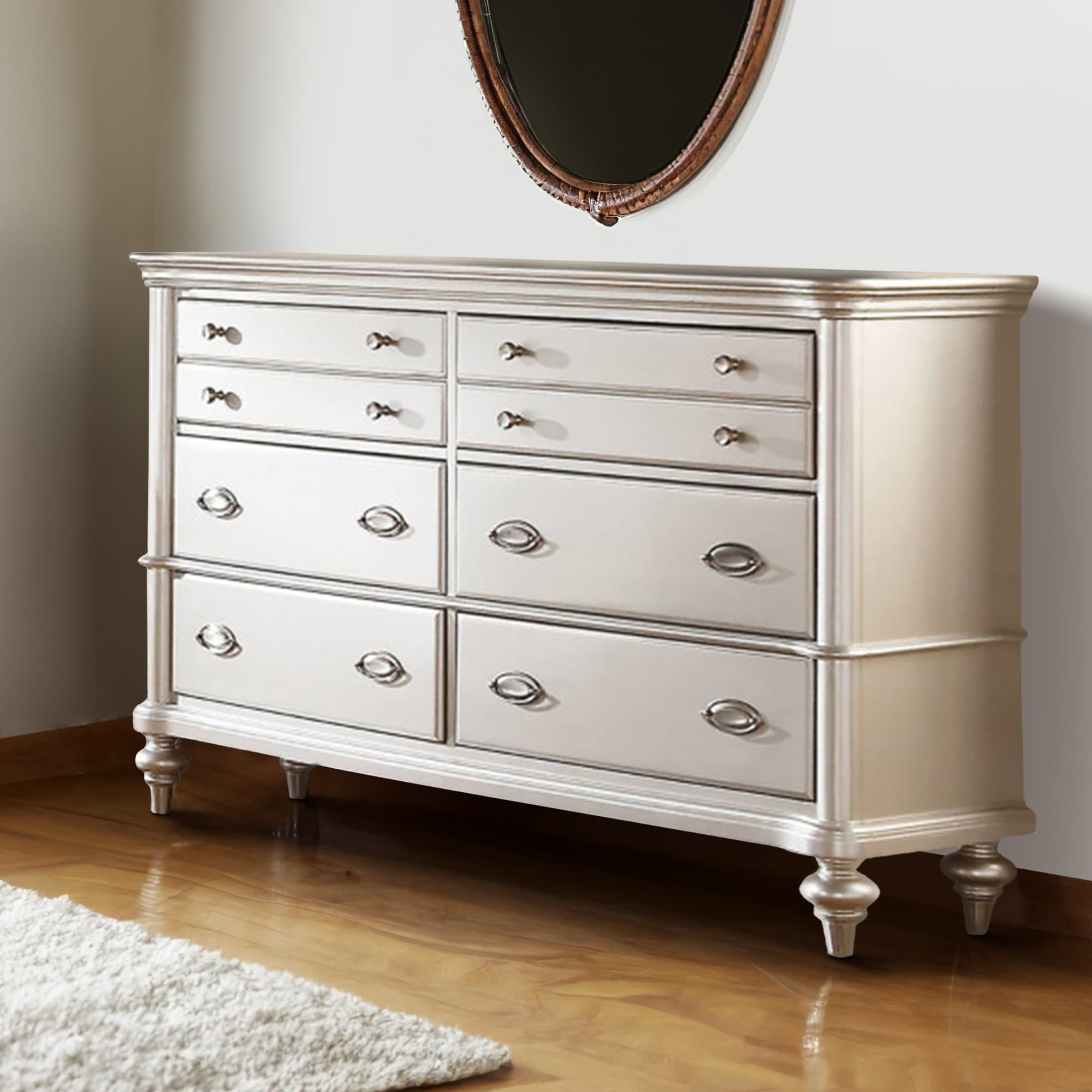 Benjara 63 inch Wide 6 Drawer Dresser Crystal Like Knobs Molded Details Silver