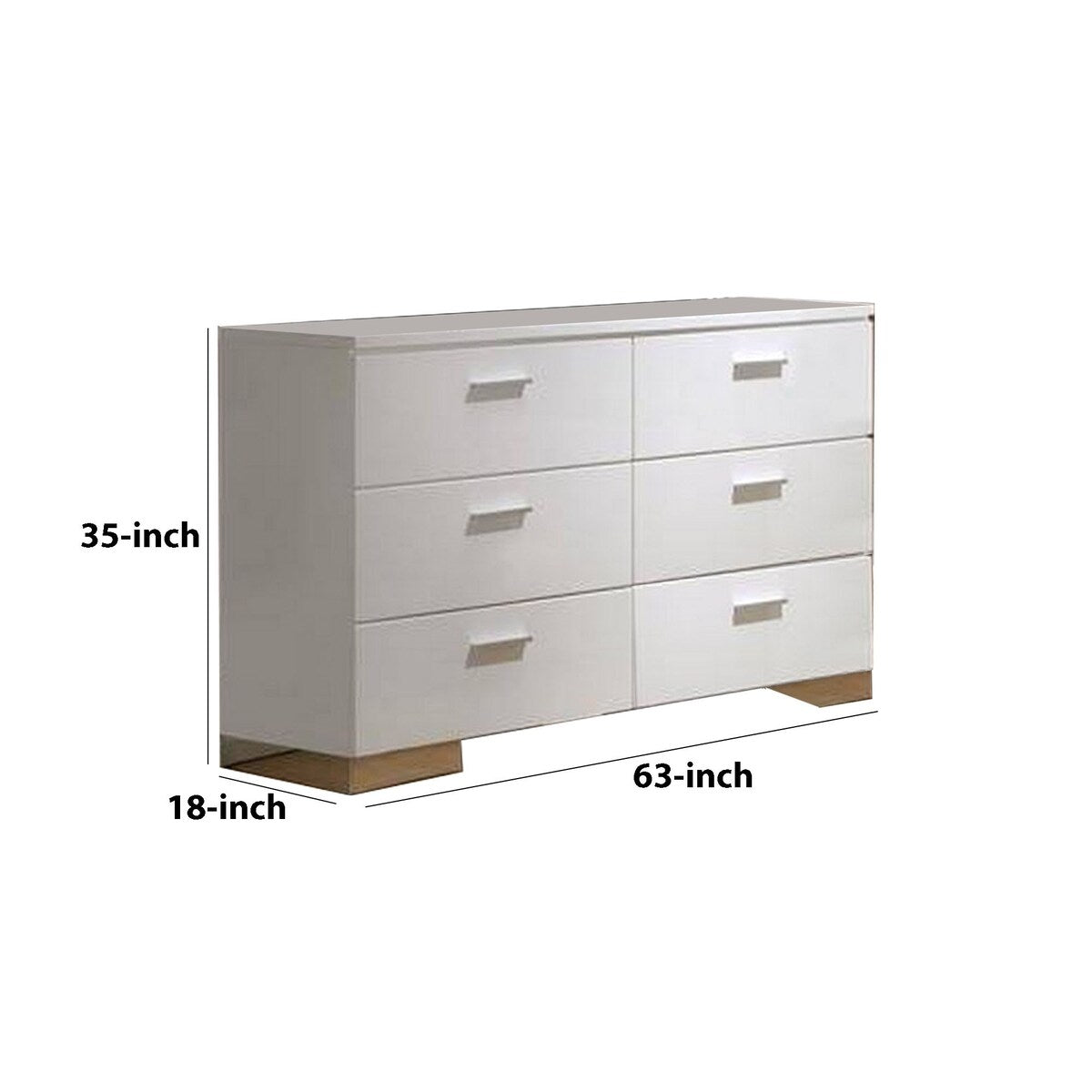 63 Inches 6 Drawer Dresser with Metal Block Legs, White