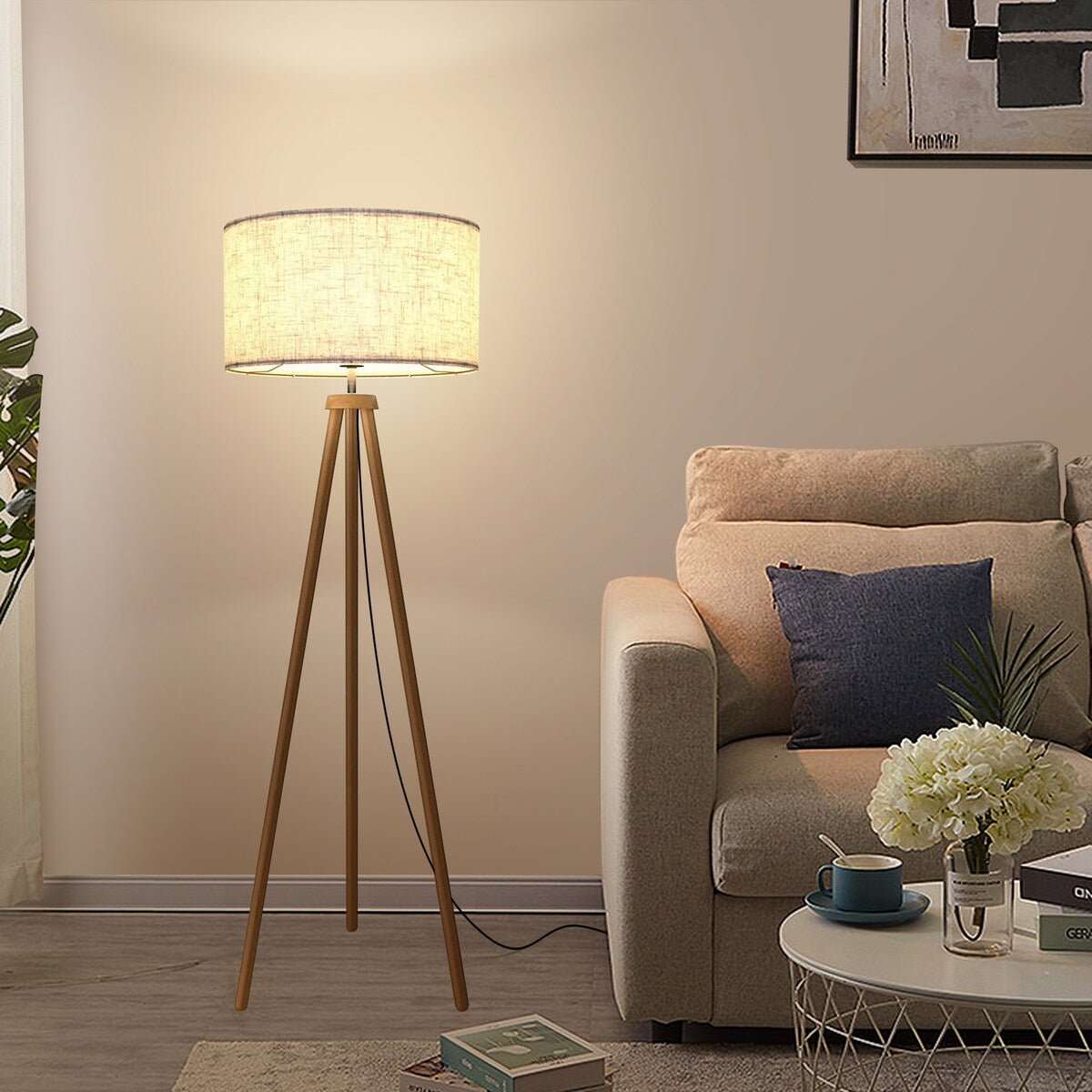 UPHA 63 in. Wood Tripod Floor Lamp with Fabric Lamp Shade , Beige - 63 in.