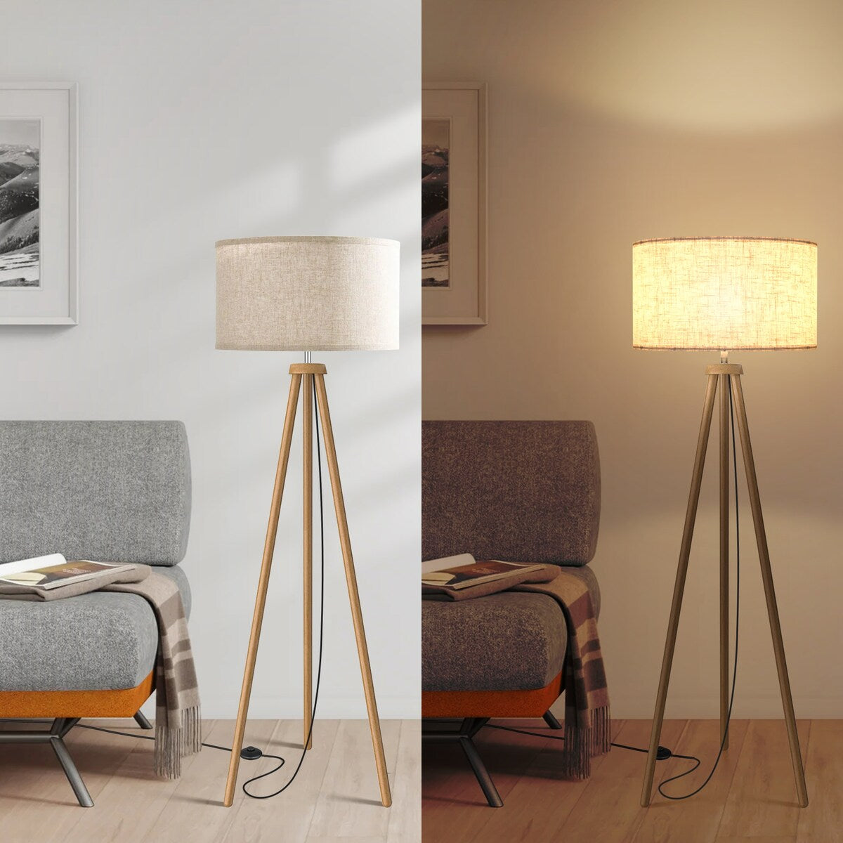 UPHA 63 in. Wood Tripod Floor Lamp with Fabric Lamp Shade , Beige - 63 in.