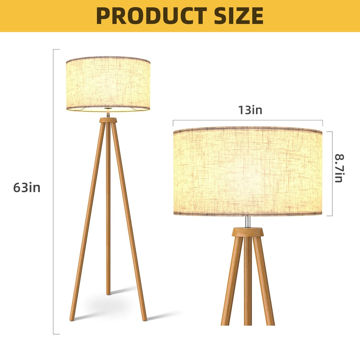 UPHA 63 in. Wood Tripod Floor Lamp with Fabric Lamp Shade , Beige - 63 in.
