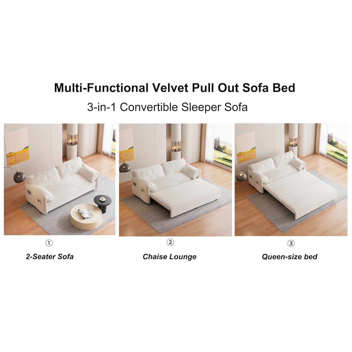 63.8" Queen Pull Out Sofa Bed, 3-in-1 Convertible Sleeper Sofa with Side Storage,Multi-Functional Velvet Loveseat Bed