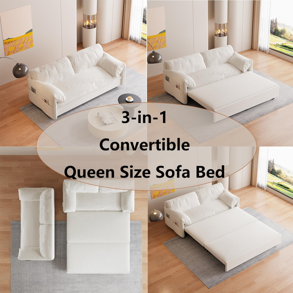 63.8" Queen Pull Out Sofa Bed, 3-in-1 Convertible Sleeper Sofa with Side Storage,Multi-Functional Velvet Loveseat Bed