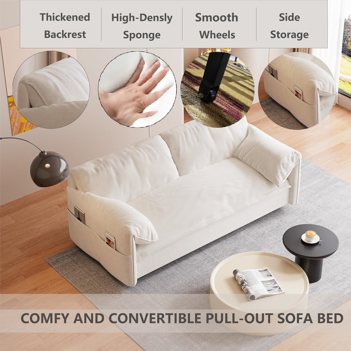 63.8" Queen Pull Out Sofa Bed, 3-in-1 Convertible Sleeper Sofa with Side Storage,Multi-Functional Velvet Loveseat Bed