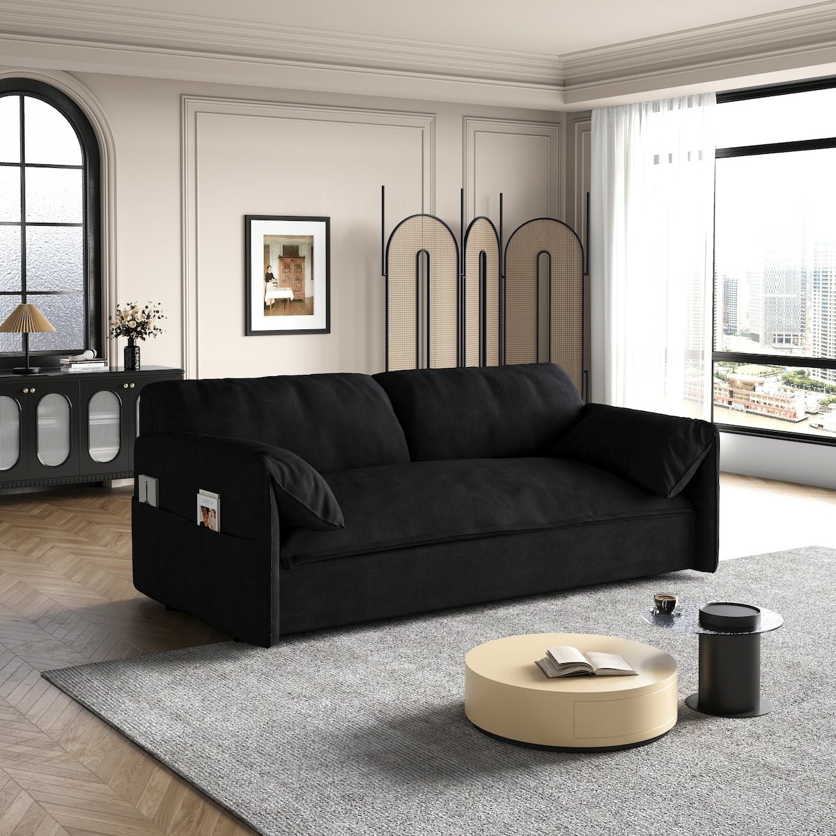 63.8" Queen Pull Out Sofa Bed, 3-in-1 Convertible Sleeper Sofa with Side Storage,Multi-Functional Velvet Loveseat Bed