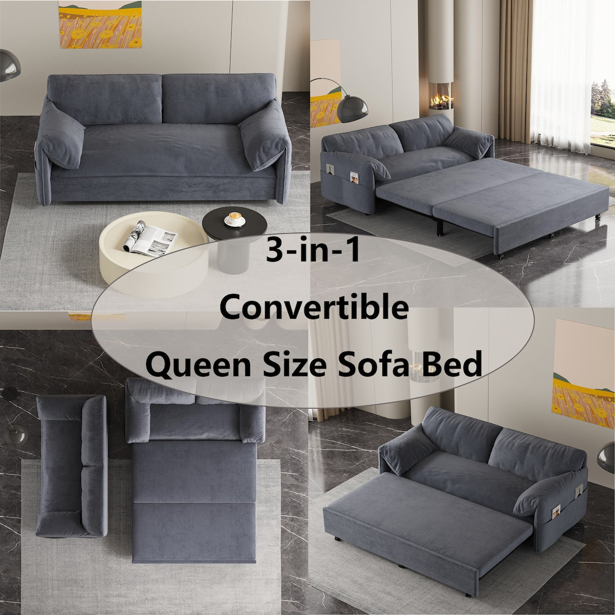 63.8" Queen Pull Out Sofa Bed, 3-in-1 Convertible Sleeper Sofa with Side Storage,Multi-Functional Velvet Loveseat Bed
