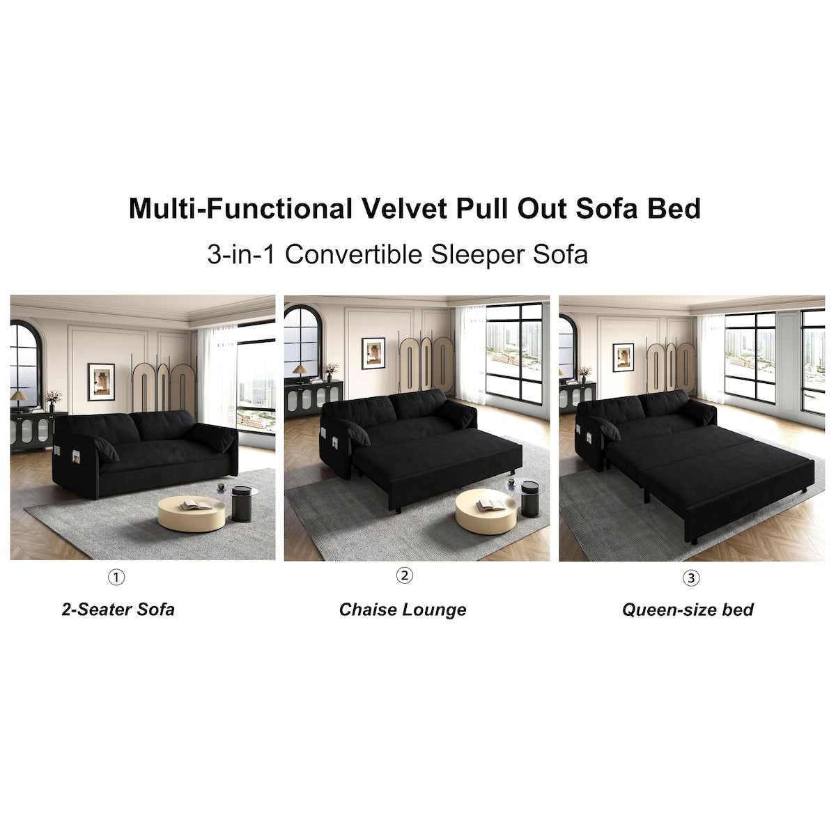 63.8" Queen Pull Out Sofa Bed, 3-in-1 Convertible Sleeper Sofa with Side Storage,Multi-Functional Velvet Loveseat Bed