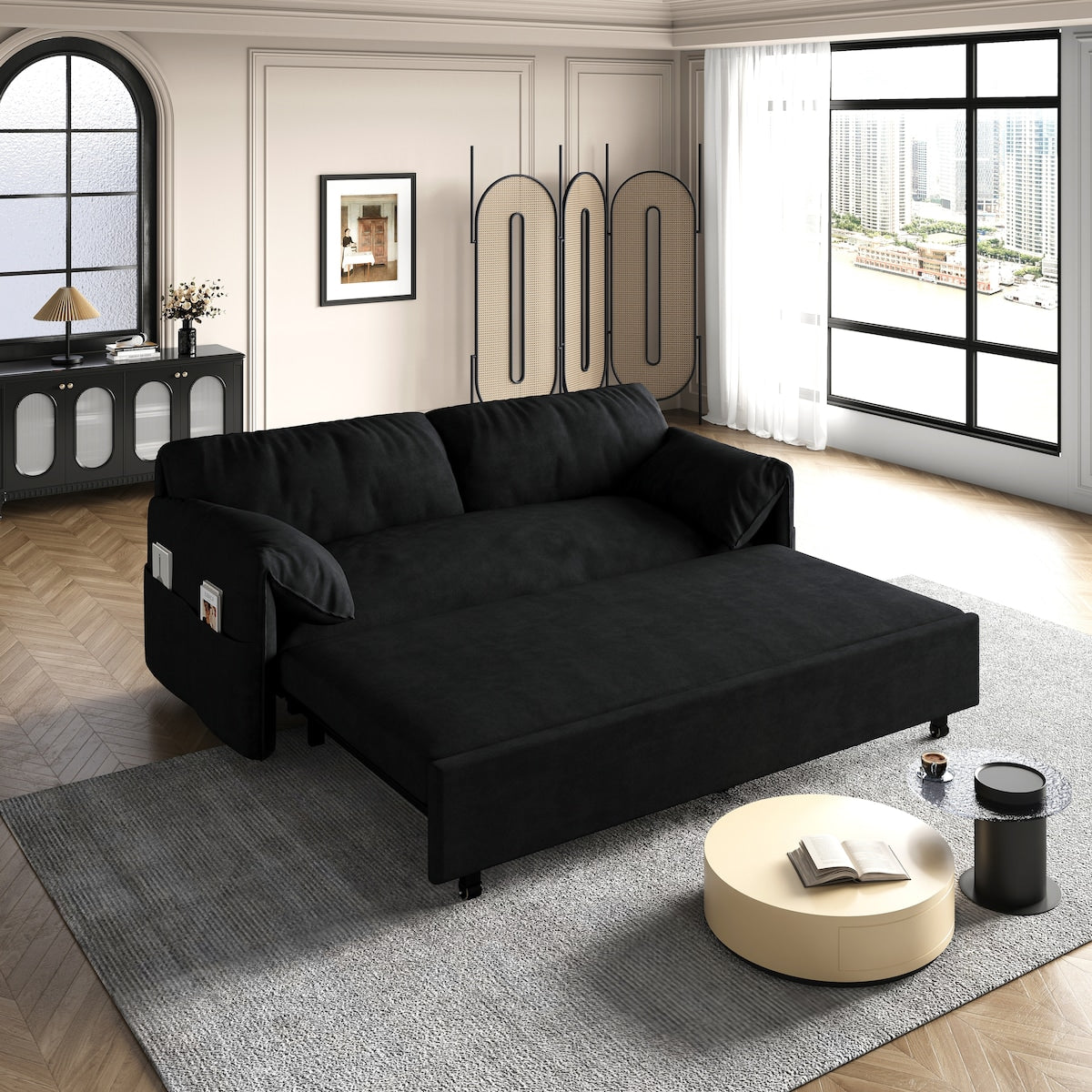 63.8" Queen Pull Out Sofa Bed, 3-in-1 Convertible Sleeper Sofa with Side Storage,Multi-Functional Velvet Loveseat Bed