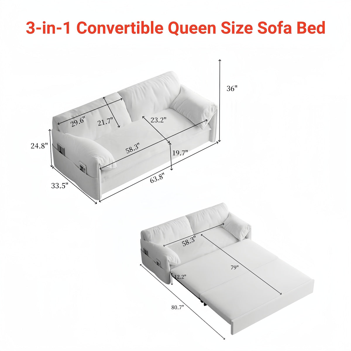 63.8" Queen Pull Out Sofa Bed, 3-in-1 Convertible Sleeper Sofa with Side Storage,Multi-Functional Velvet Loveseat Bed
