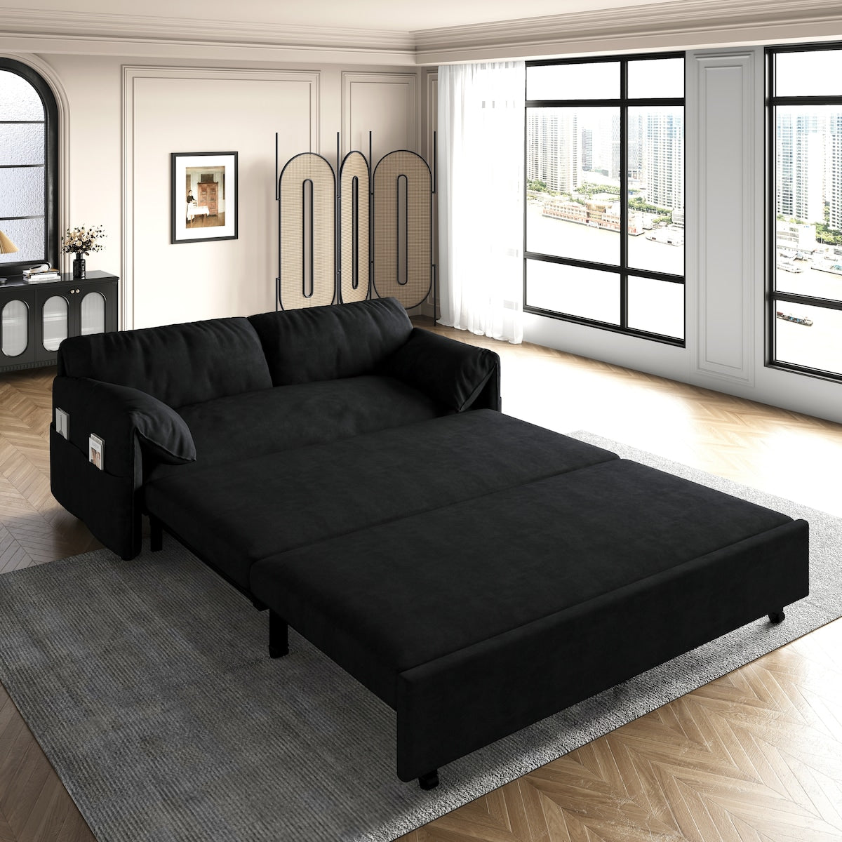 63.8" Queen Pull Out Sofa Bed, 3-in-1 Convertible Sleeper Sofa with Side Storage,Multi-Functional Velvet Loveseat Bed