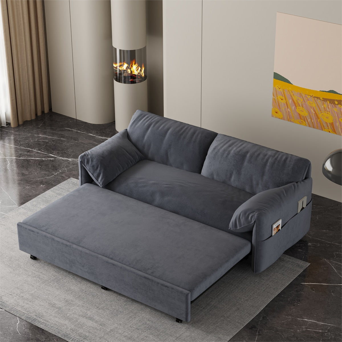 63.8" Queen Pull Out Sofa Bed, 3-in-1 Convertible Sleeper Sofa with Side Storage,Multi-Functional Velvet Loveseat Bed