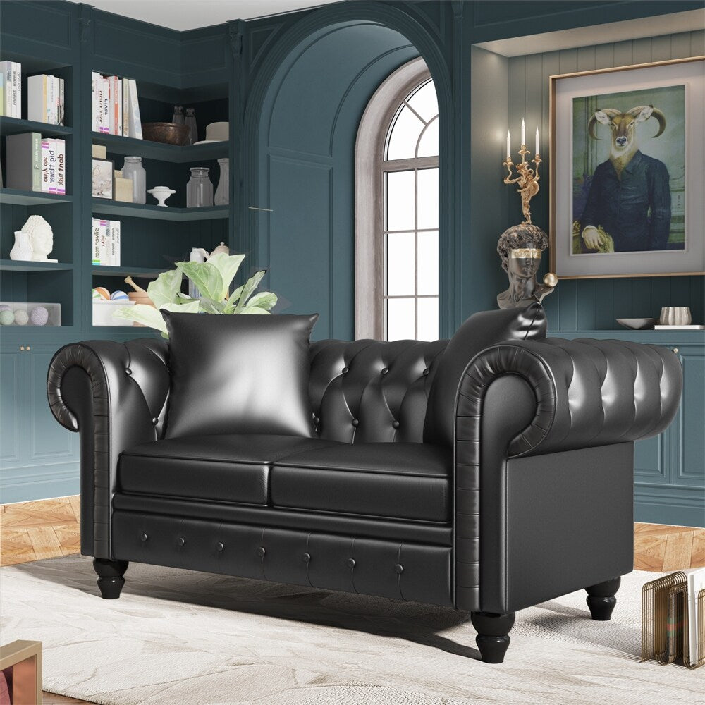 63" Deep Button Tufted PU leather Upholstered Loveseat Sofa Classic Set