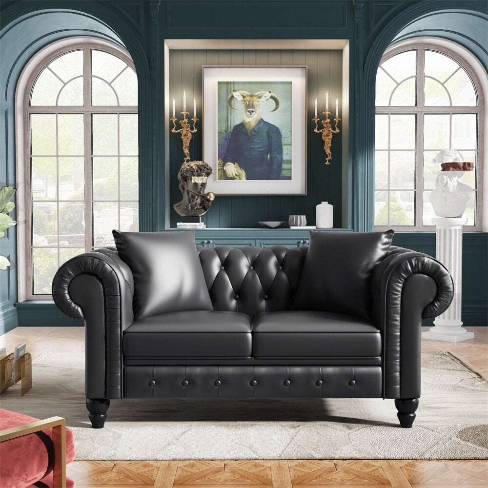 63" Deep Button Tufted PU leather Upholstered Loveseat Sofa Classic Set