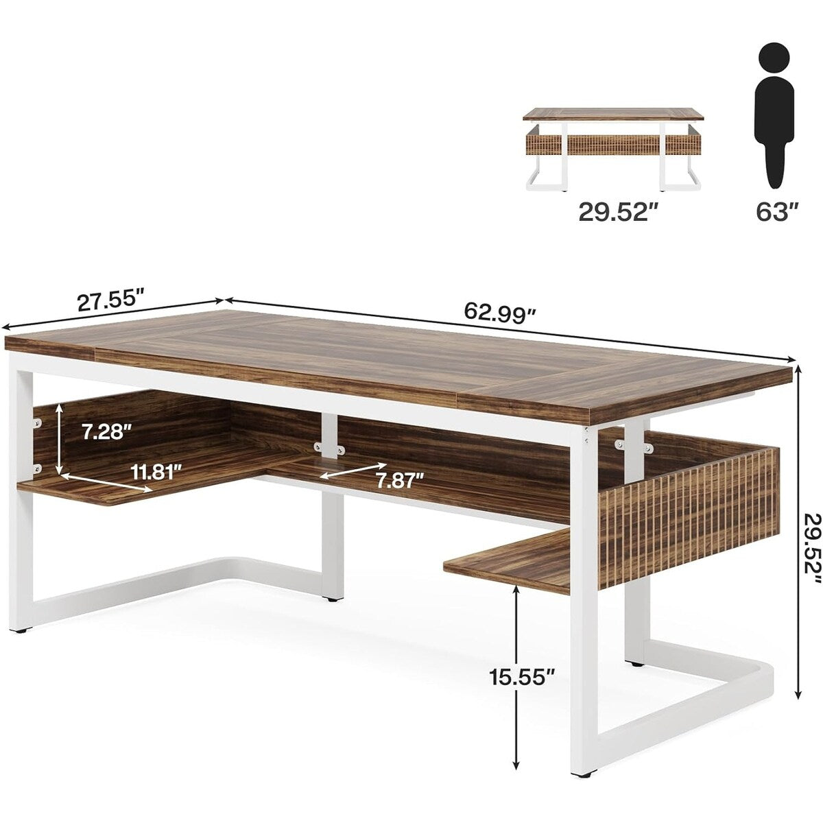 63" Executive Desk with Shelves, Computer Desk for Home Office
