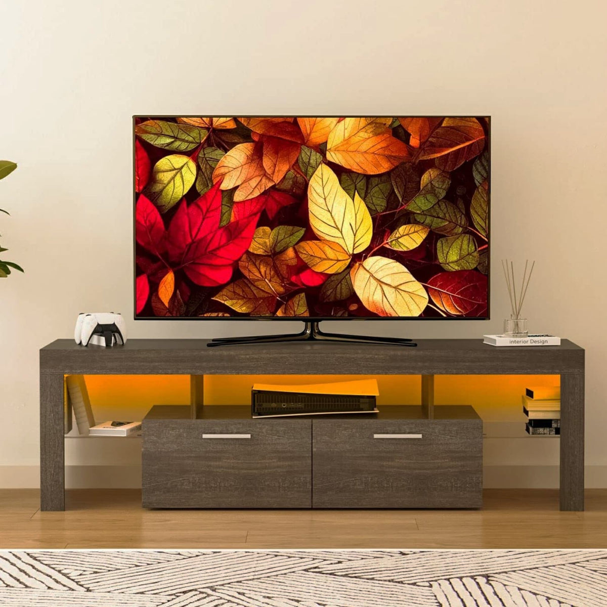 63" Modern LED TV Stand, Wood Entertainment Center with Cabinet - 62.9