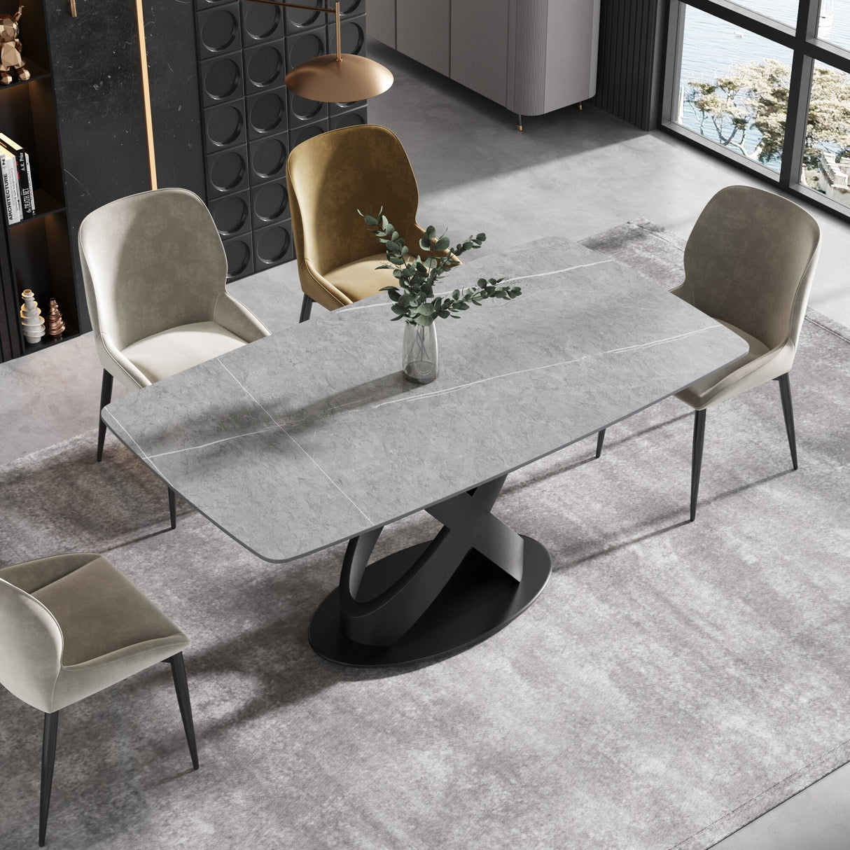 63" Rectangular Sintered Stone Dining Table for 4-6,Solid Black Carbon Steel Base