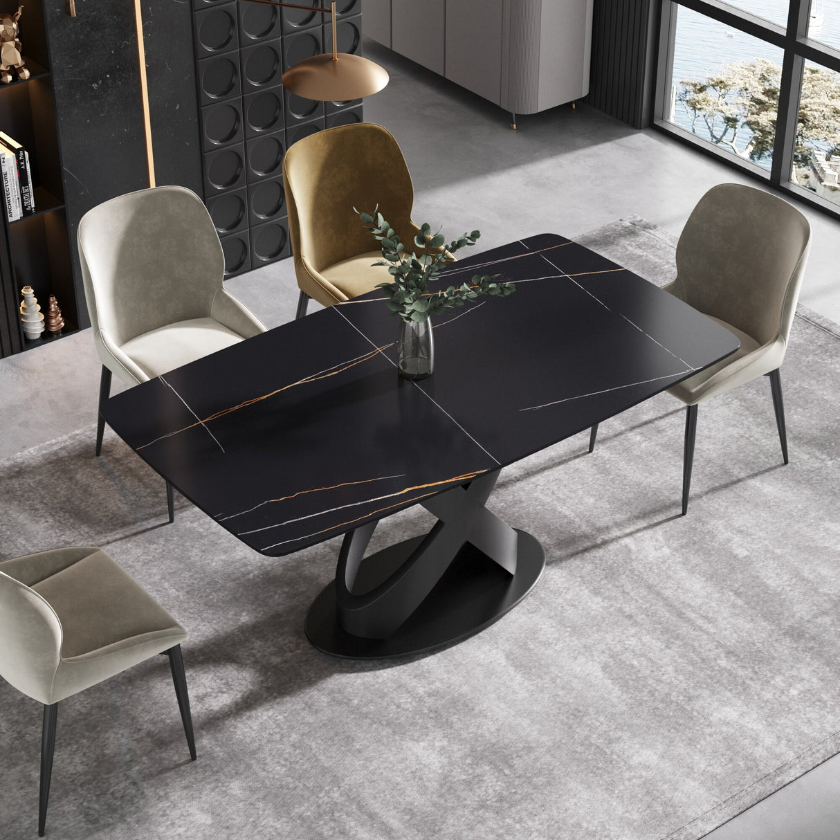 63" Rectangular Sintered Stone Dining Table for 4-6,Solid Black Carbon Steel Base
