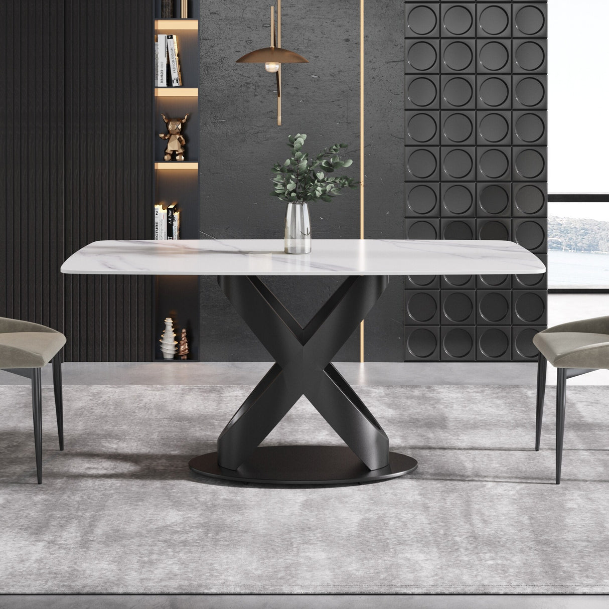 63" Rectangular Sintered Stone Dining Table for 4-6,Solid Black Carbon Steel Base