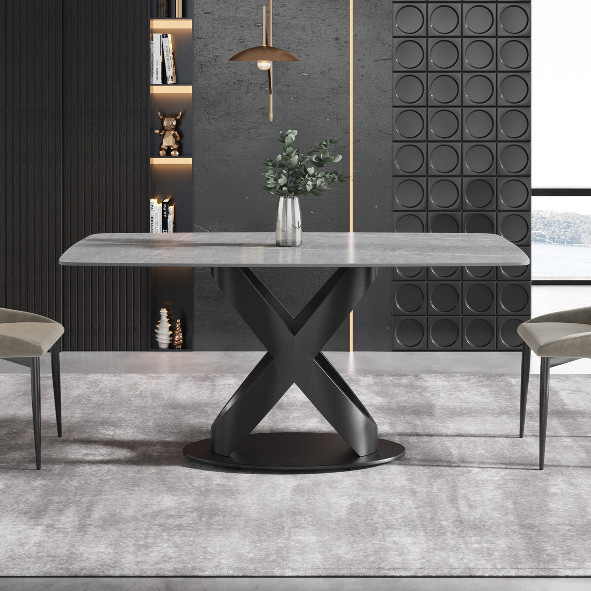 63" Rectangular Sintered Stone Dining Table for 4-6,Solid Black Carbon Steel Base