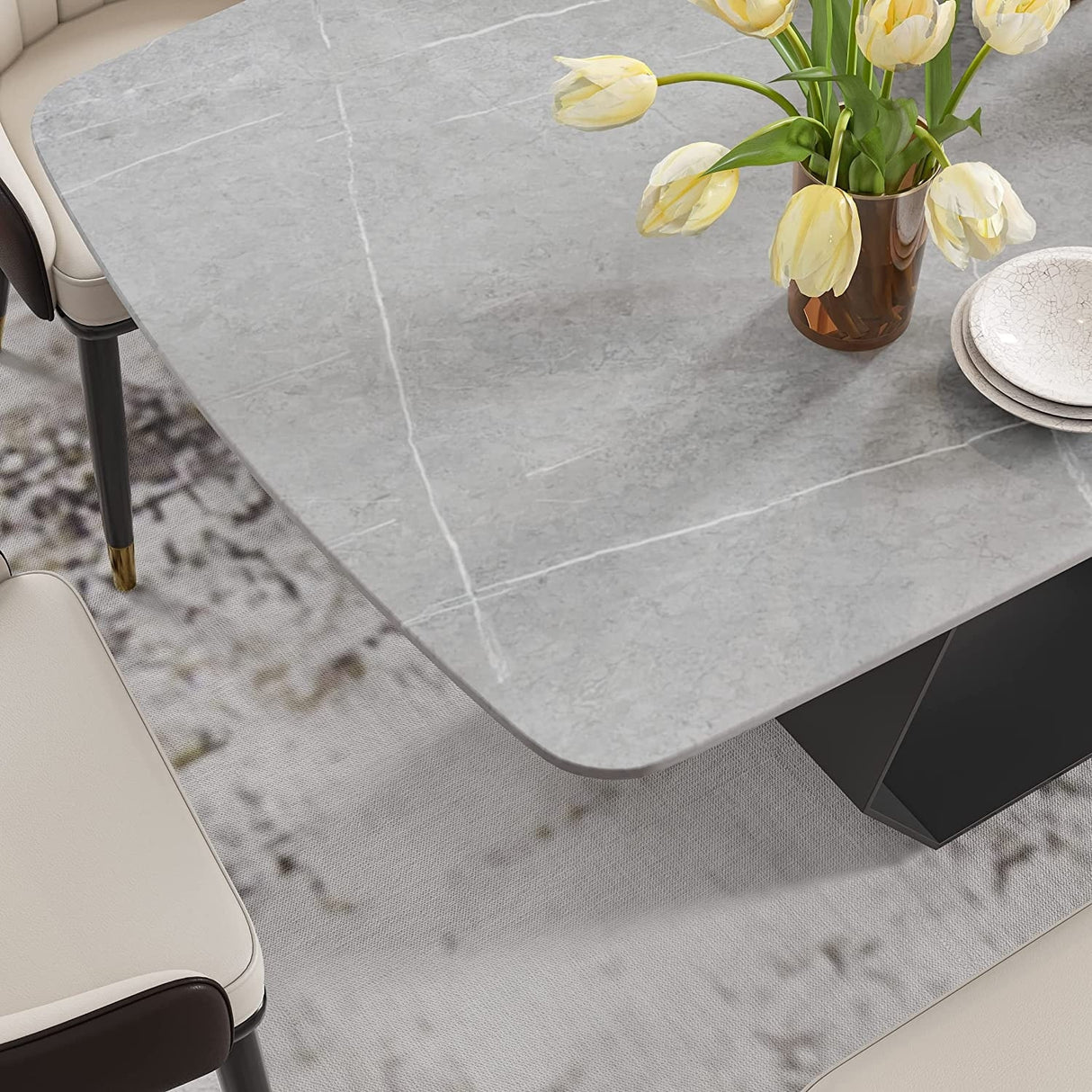 63" Sintered Stone Dining Table for 4-6, Modern Gray Kitchen Table with Carbon Steel Base - 62.99