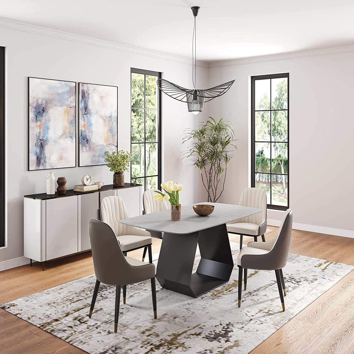 63" Sintered Stone Dining Table for 4-6, Modern Gray Kitchen Table with Carbon Steel Base - 62.99