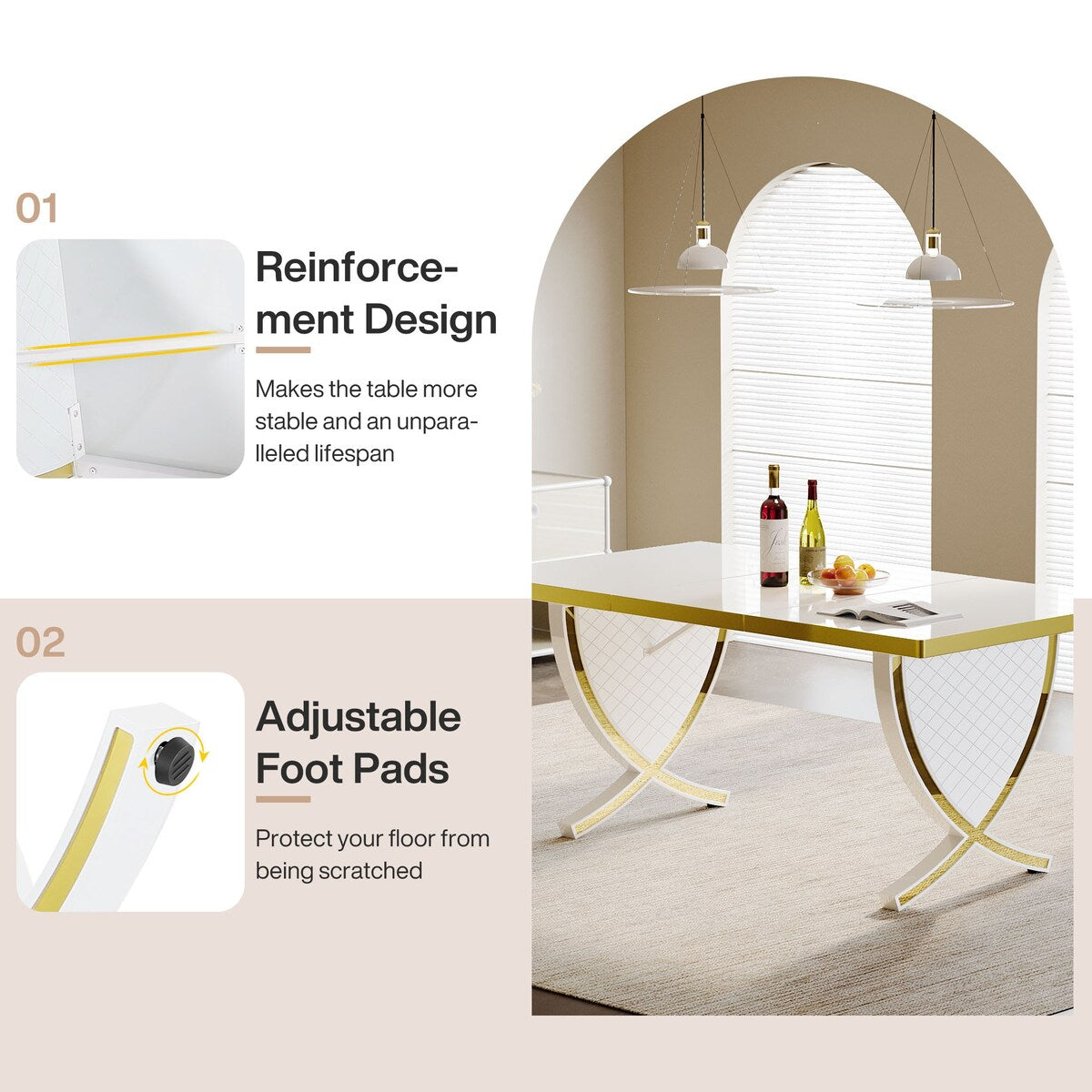 63" White and Gold Dining Table, Modern Rectangle Kitchen Table with Fish-Shaped Legs & High-Gloss Finish
