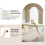 63" White and Gold Dining Table, Modern Rectangle Kitchen Table with Fish-Shaped Legs & High-Gloss Finish