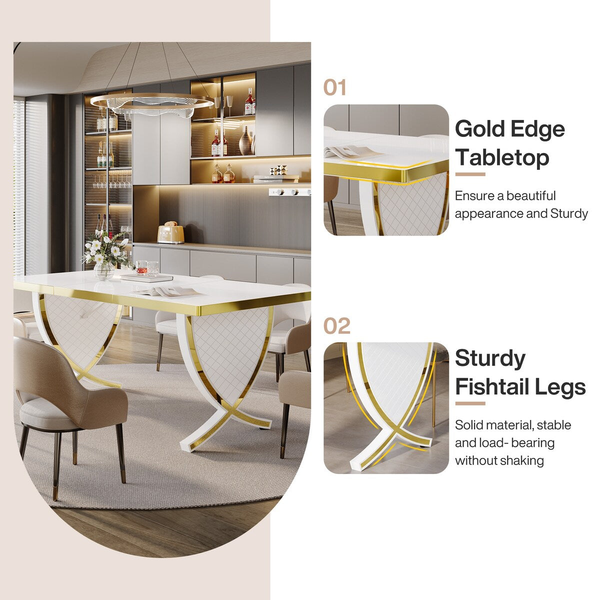 63" White and Gold Dining Table, Modern Rectangle Kitchen Table with Fish-Shaped Legs & High-Gloss Finish