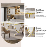 63" White and Gold Dining Table, Modern Rectangle Kitchen Table with Fish-Shaped Legs & High-Gloss Finish