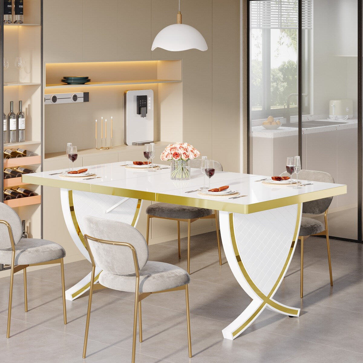 63" White and Gold Dining Table, Modern Rectangle Kitchen Table with Fish-Shaped Legs & High-Gloss Finish