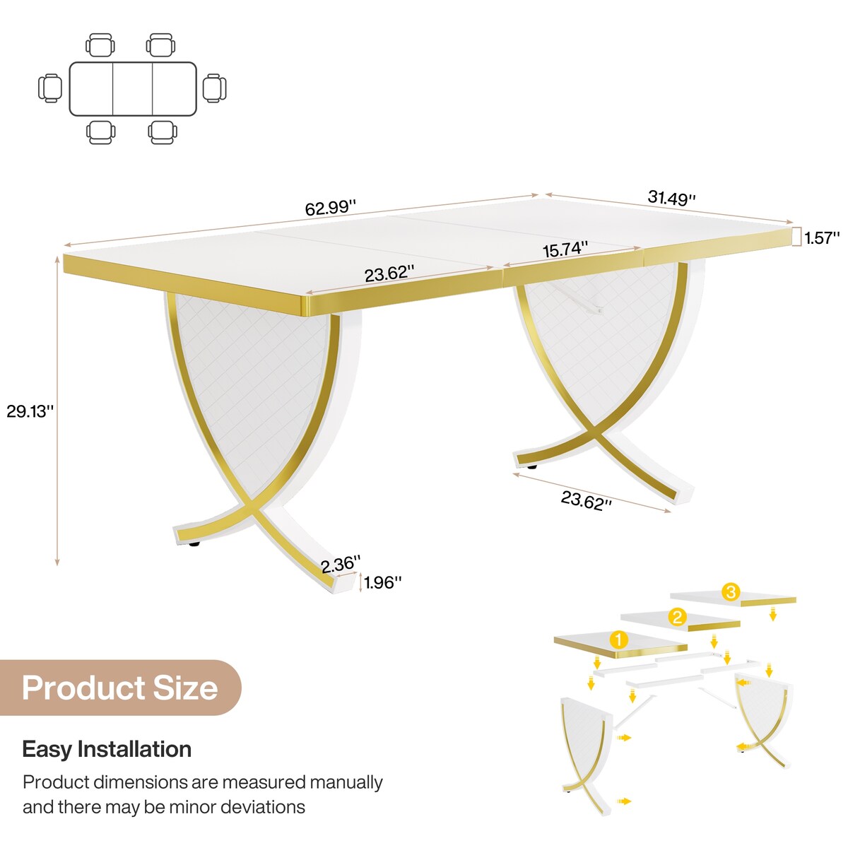 63" White and Gold Dining Table, Modern Rectangle Kitchen Table with Fish-Shaped Legs & High-Gloss Finish