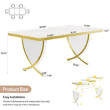 63" White and Gold Dining Table, Modern Rectangle Kitchen Table with Fish-Shaped Legs & High-Gloss Finish