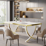 63" White and Gold Dining Table, Modern Rectangle Kitchen Table with Fish-Shaped Legs & High-Gloss Finish