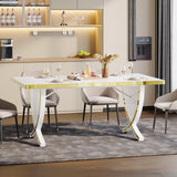 63" White and Gold Dining Table, Modern Rectangle Kitchen Table with Fish-Shaped Legs & High-Gloss Finish