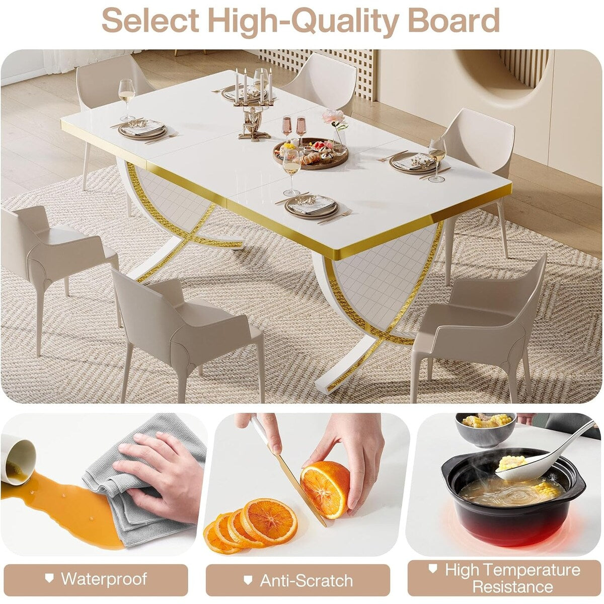 63" White and Gold Dining Table, Modern Rectangle Kitchen Table with Fish-Shaped Legs & High-Gloss Finish