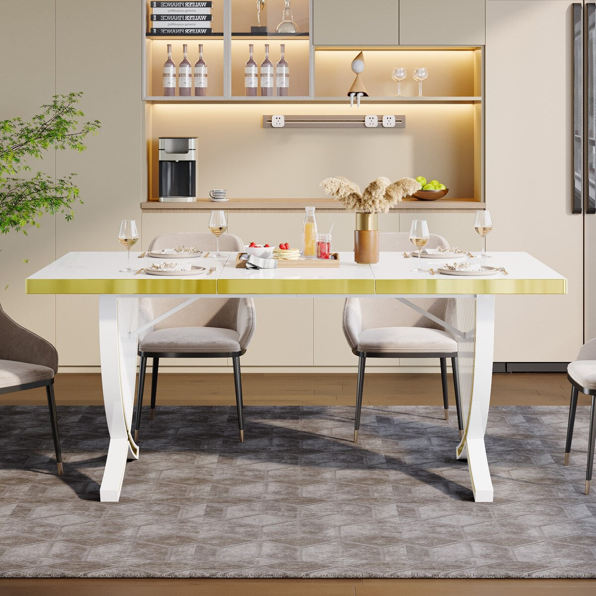 63" White and Gold Dining Table, Modern Rectangle Kitchen Table with Fish-Shaped Legs & High-Gloss Finish