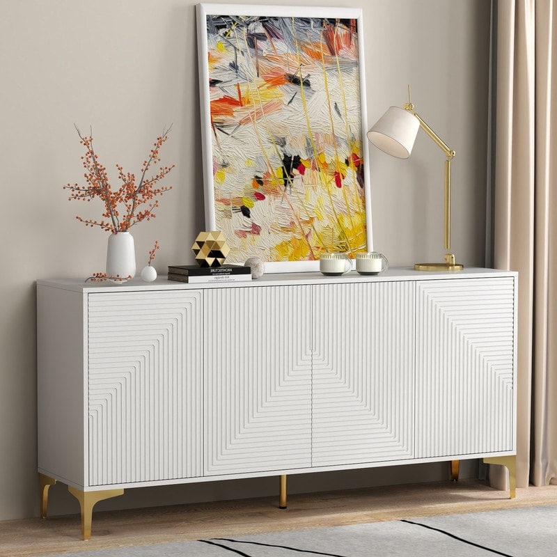 63"W Sideboard Buffet Cabinet , White Side Storage Cabinet with Doors and Adjustable Shelves