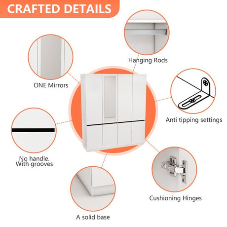 63"W White Wardrobe Armoire Closet,Large Wardrobe Cabinet with Hanging Rod and mirror, Clothes Storage Cabinet