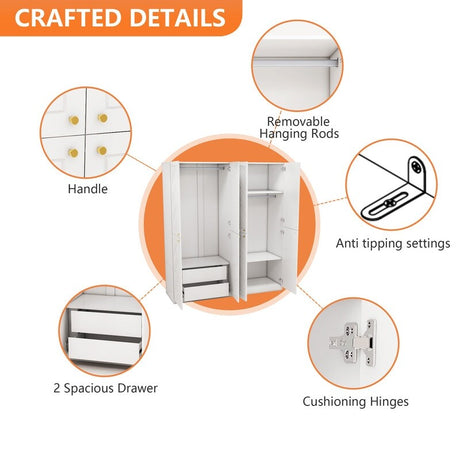 63"W White Wardrobe with Drawers,Hanging Rod and Doors,Wooden wardrobe closet for Bedroom