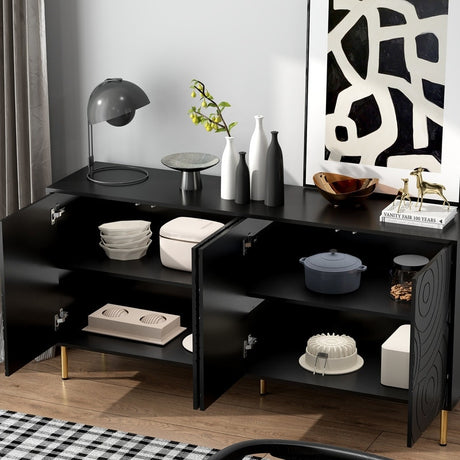 63"W black Sideboard Buffet Cabinet with Door,side cabinet storage with circular stripes for Kitchen
