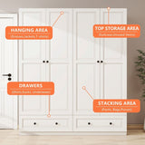 63"W white Wardrobe with drawers and four doors,Armoires and Wardrobes Armoire Wardrobe Closet with Hanging Rod