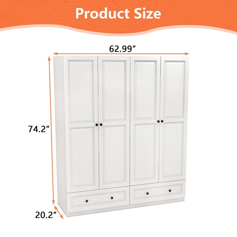 63"W white Wardrobe with drawers and four doors,Armoires and Wardrobes Armoire Wardrobe Closet with Hanging Rod