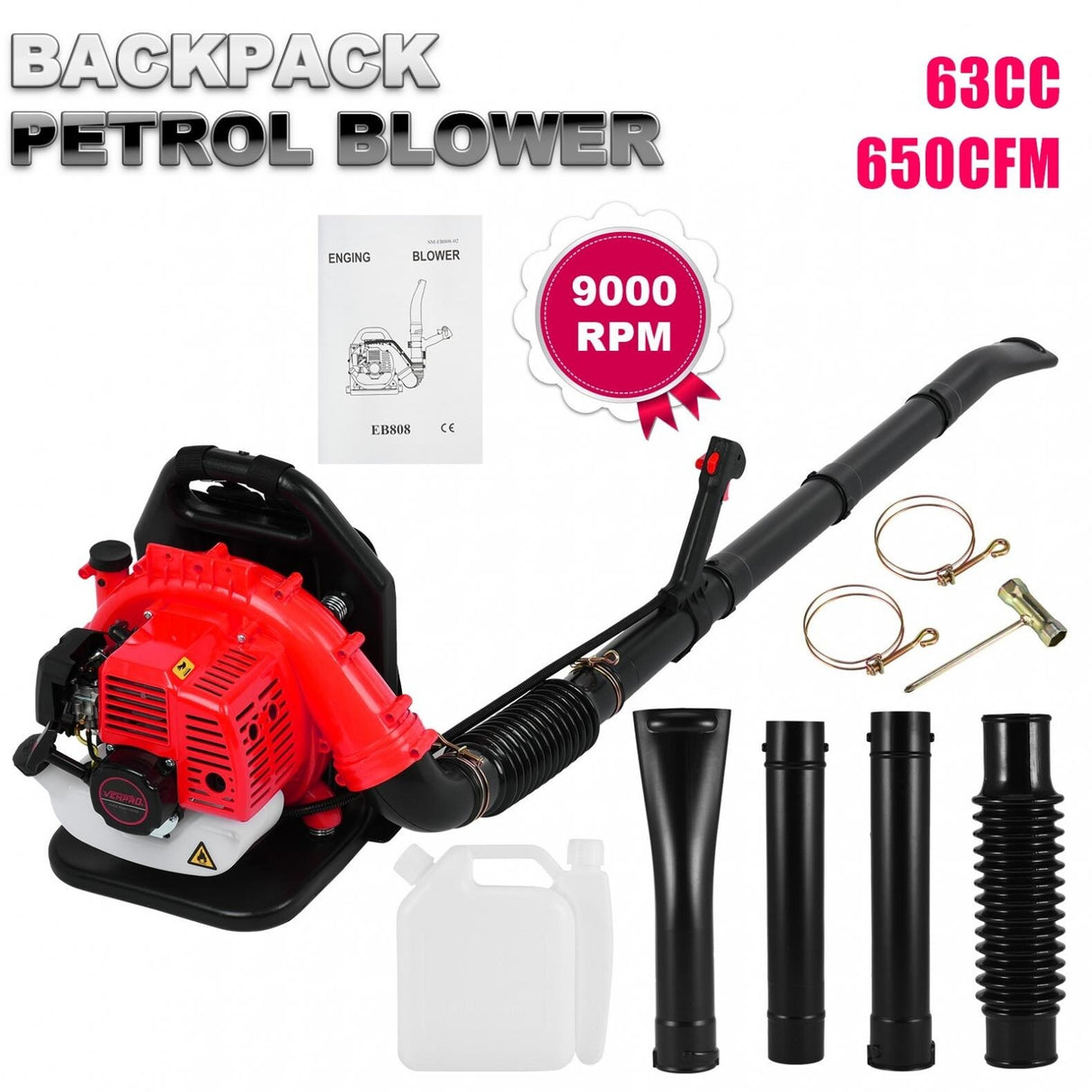 63cc 2-Cycle Gas Leaf Blower, 650 CFM Cordless Handheld Leaf Blower