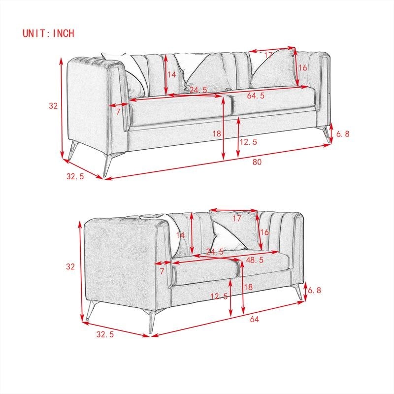 64" Loveseat Sofa Velvet Padded Sofa Removable Cushions Sofa with Deep Channel Tufting & Gold Metal Feet, Pillows Included